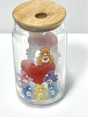 Care Bears Glass Tumbler Bamboo Lid, Clear Cup, Love-A-Lot Cheer ,No Straw
